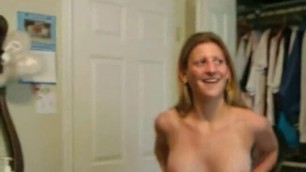 Shy blonde strips to show her body and bush
