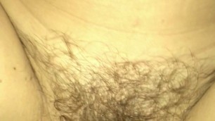 Hairy wife sitting and getting creampied! Nice pov bush