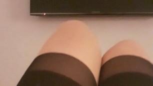 Crossdresser sissy teasing with new stockings and dildo