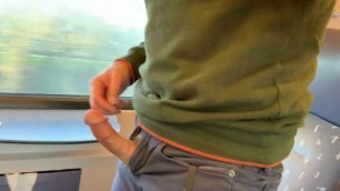 Stroking my rock-hard cock on the train! Cum on my face mask